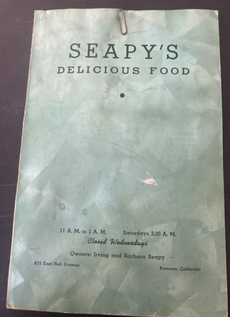 Seapy's Delicious Food Vintage Menu Pomona, CA Circa 1950 Adv. Neighbors Texaco