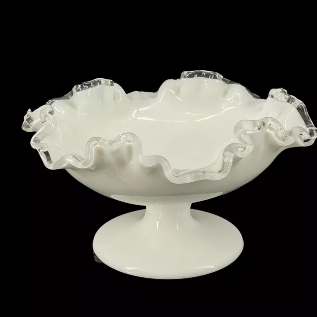 Vintage Fenton Milk Glass Ruffled Silver Crest Open Compote Pedestal Bowl 8"