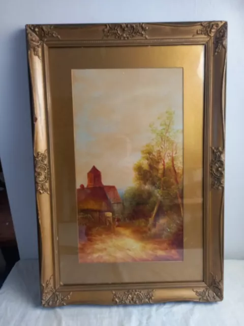 Vintage Oil Painting Landscape Cottage Trees Gold Guilt Style Frame