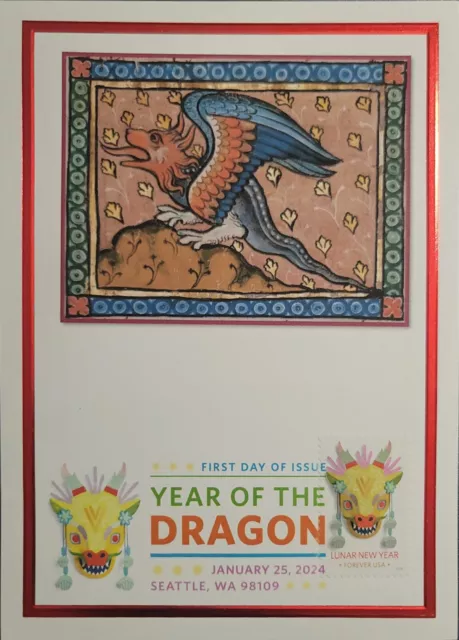 Lunar New Year First Day Cover FDC Maxi 2024 on 5×7 Card Mail Art Dragon Stamp