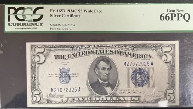 1934 C $5 Wide Face Silver Certificate PCGS 66PPQ Gem New