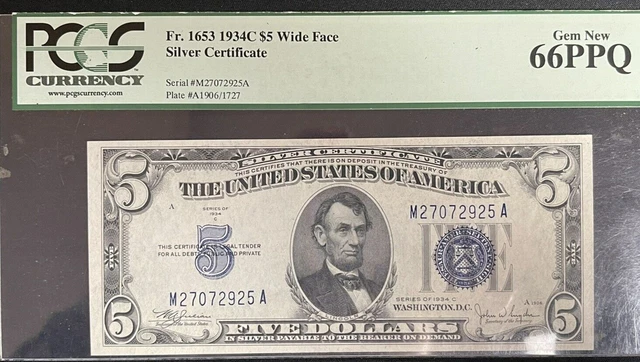 1934 C $5 Wide Face Silver Certificate PCGS 66PPQ Gem New