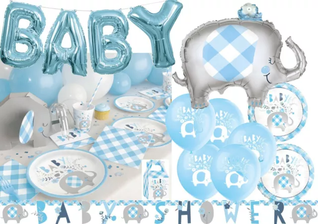 BLUE Floral Elephant Baby Shower Balloons Tableware Supplies Ideas