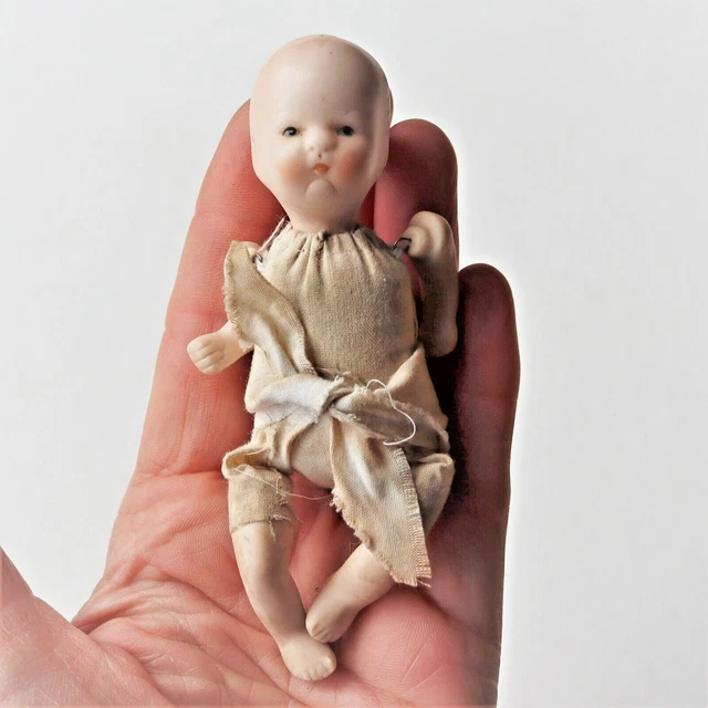 Antique Mini Bisquit Bisque Porcelain 4 1/2" Cloth Body Baby Doll 4