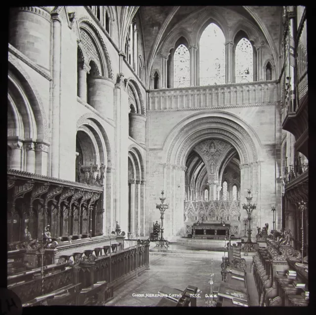 Glass Magic Lantern Slide HEREFORD CATHEDRAL INTERIOR C1890 OLD HISTORIC PHOTO