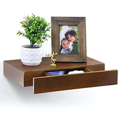 Floating Shelf with Drawer, Rustic Wood Wall Shelves, Floating Nightstand with