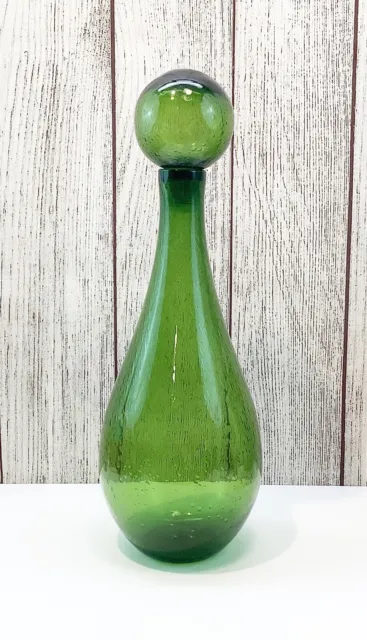 BIOT Controlled Bubbles Green Art Glass 14.25” Decanter w/Stopper Vintage