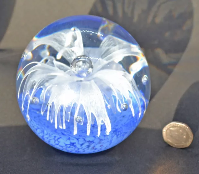 Art Glass Paperweight with White Flower effect, Blue base & controlled bubbles