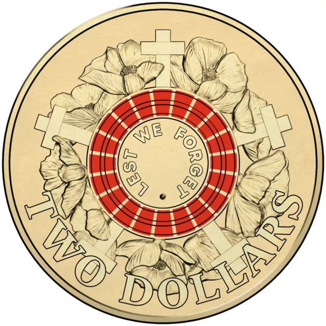 Australian Two Dollar $2 coin - 2015 - ANZAC RED Remembrance Lest we Forget -UNC