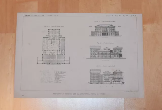 BAUZEICHNUNG um 1895 Stadt-Bibliothek Torino Fassade Architektur