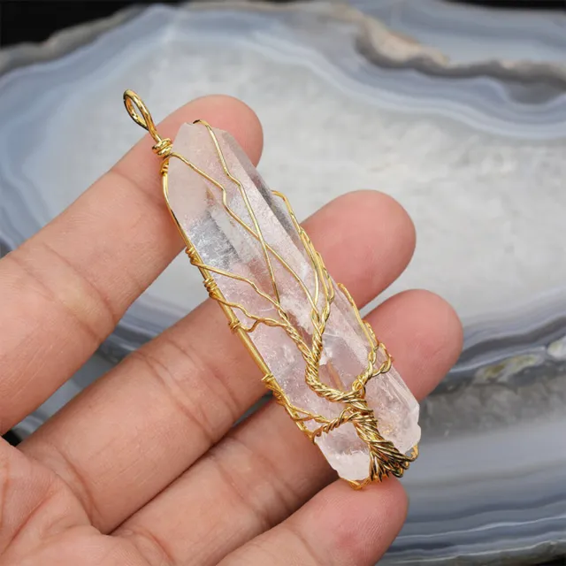 Natural Gemstone Quartz Crystal Rock Stick Handmade Wire Wrap Life Tree Pendant