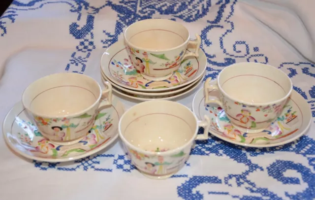4 Tea Cups 5 Bowl Saucers Geisha People w/ Parasol Harp Florals Unmarked Japan? 2
