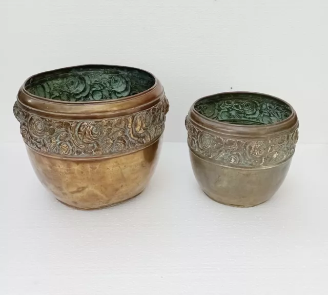 2 x JUGENDSTIL ÜBERTOPF  CACHEPOT  GLEICHES  DEKOR  MESSING BELGIEN  1890 - 1910 2