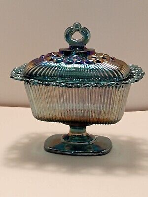 Fenton Indiana Iridescent Blue Carnival  Glass Lidded  Dish  Vintage -Stunning