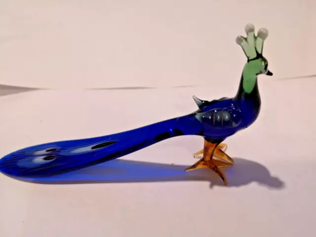 Vintage Glass Peacock. Handblown, Handmade. Bird. figurine Blue Green Long tail