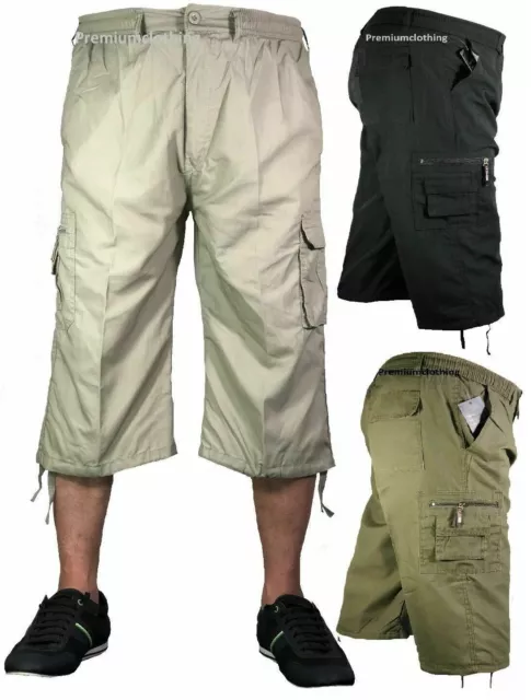 Mens 3/4 Long Length Shorts Elasticated Waist Cargo Combat Three Quarter Pants