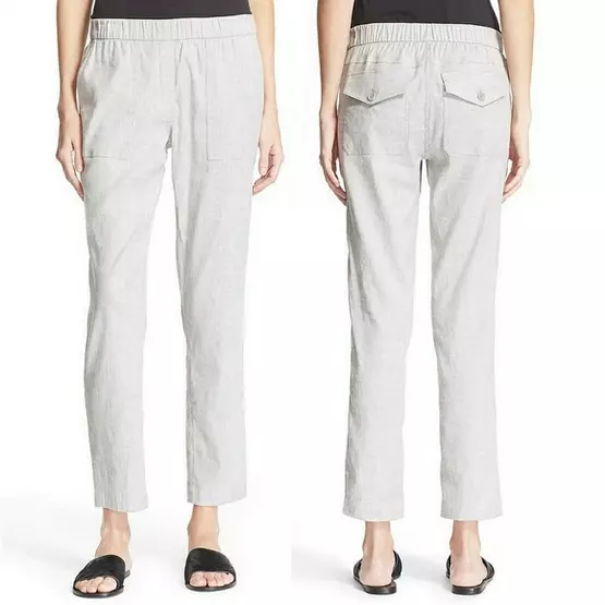 NWT $85 THEORY Northsound Tierra Wash Gray/White Linen Blend Ankle Pants Size 8