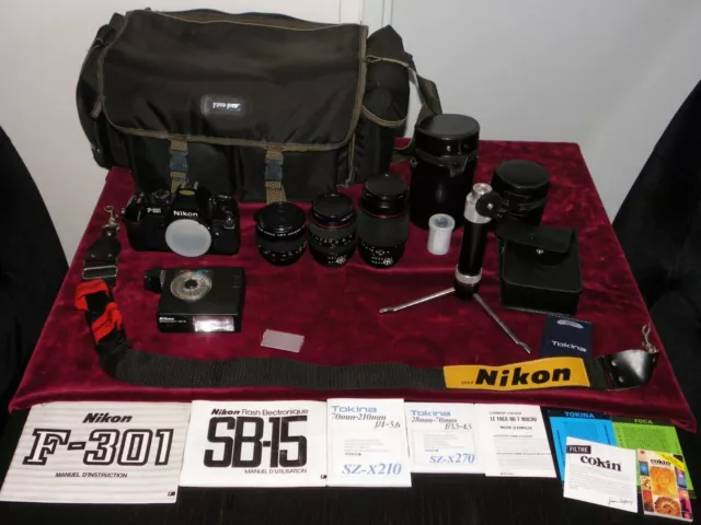 Lot Appareil photo Argentique analogique Nikon F-301 + 3 objectifs + accessoires