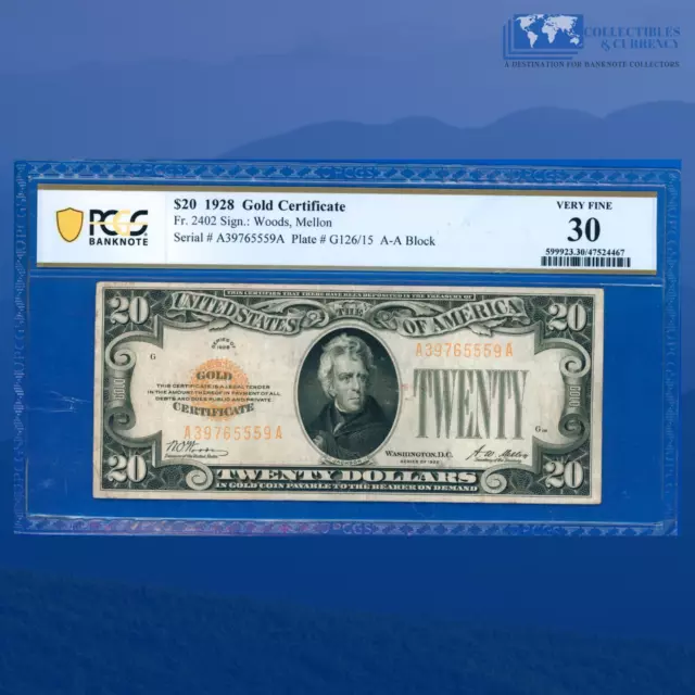 Fr.2402 1928 $20 Twenty Dollars Gold Certificate Gold Seal, PCGS 30 #65559