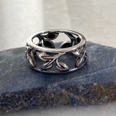 Sterling Silver 925 Leaf Floral Cutout 9mm Wide Band Infinity Ring Sz 7 Pierced
