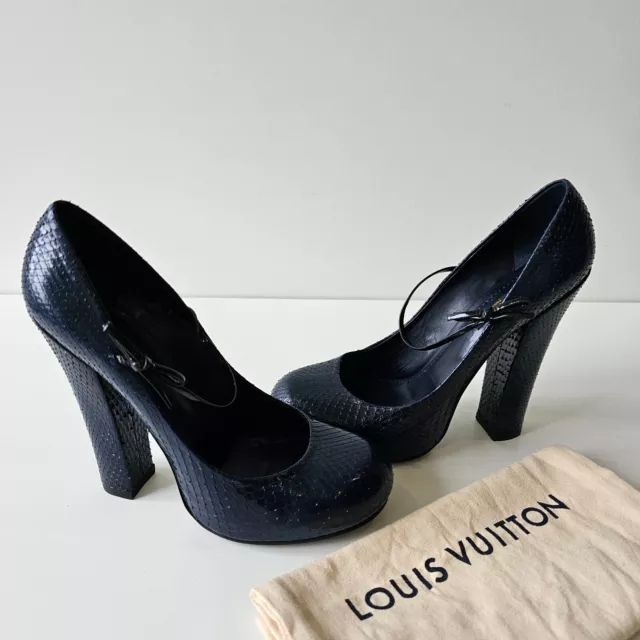 Louis Vuitton Mary Jane Logo Button Buckle Black Suede Pumps Heels 38