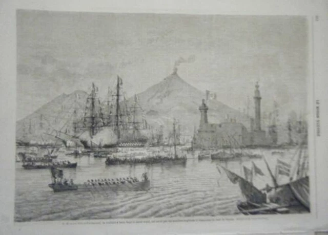 GRAVURE SUR BOIS 19ème RADE DE NAPLES ITALIE ROI EMMANUEL AVEC CANOT ROYAL