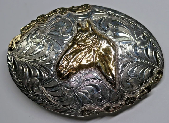 Mens Vintage Sterling Silver & 10k Yellow Gold Belt Buckle Horse Bust