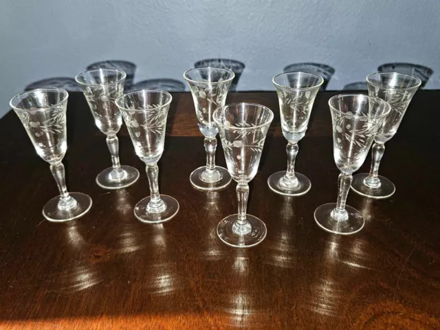 8 Vintage Etched Floral Glass Stemmed Cordial Glasses 3.75"