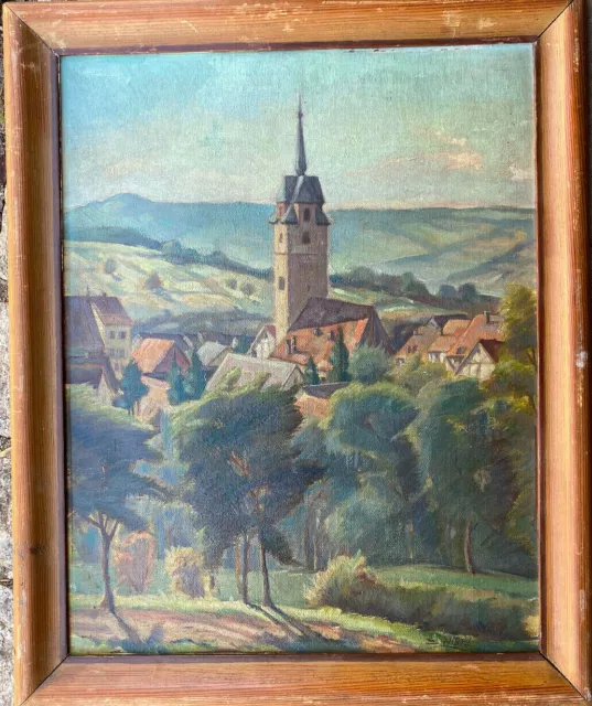 Iglesia En Valle Sommermorgen Pintura Al Óleo E. Hühl Firmado Marco Antiguo