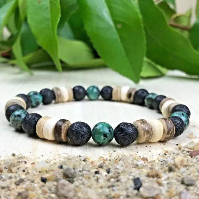 Bracelet Mixte Turquoise d'Afrique pierres de lave Bois Cocotier Taille au choix