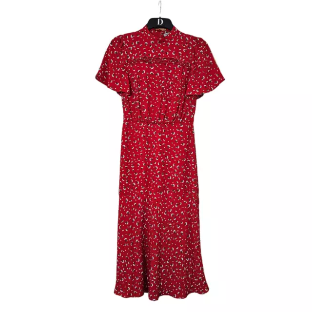 Oasis Womens Dress Red 8 UK Floral Sheath Midi Short Sleeve Tiered Hem