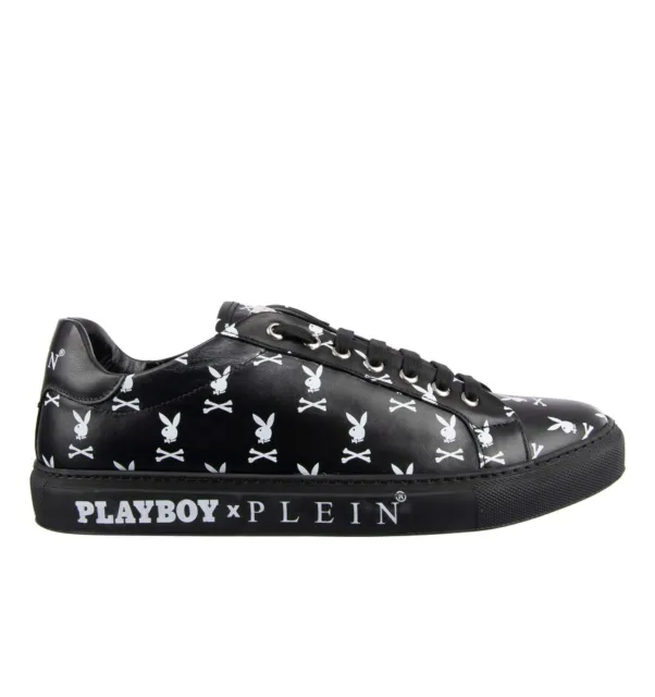 Philipp Plein X Playboy Low-Top Skull Logo Imprimé Baskets Noir Blanc 08341