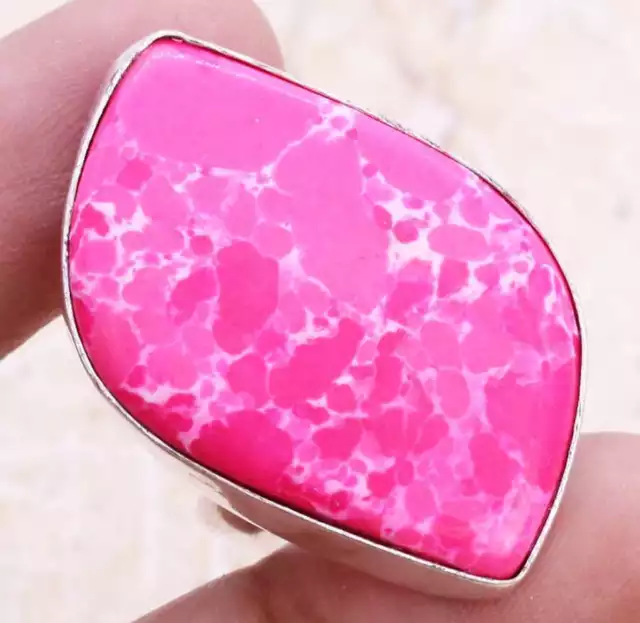Dominican Pink Agate Heart Art Piece 925 Silver Plated Ring US Size 7.75