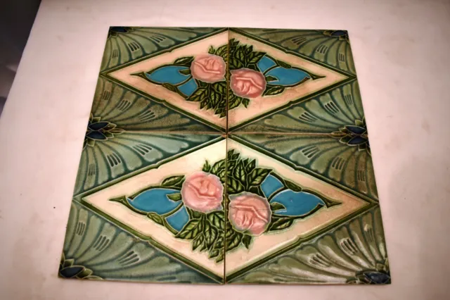 Antique Porcelain Tile Japan Art Nouveau Majolica Floral Rose Ceramic FM Bran"25 2