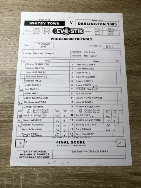 Whitby Town V Darlington 1883 Friendly 01/08/15 2015-16 Teamsheet