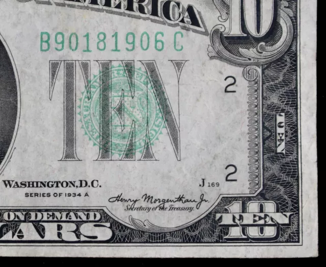 $10 1934A LFP 169 Federal Reserve Note B90181906C series A, New York, ten dollar