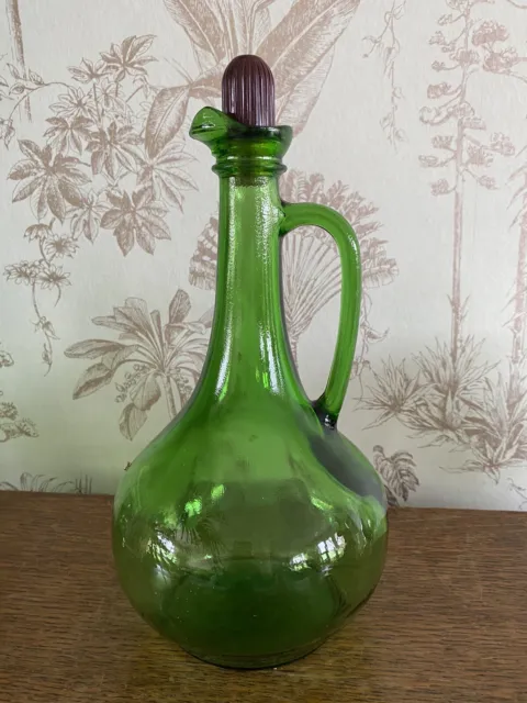 Vintage Wine World 1976 Green Glass Wine Bottle Jug Decanter with Stopper Boho
