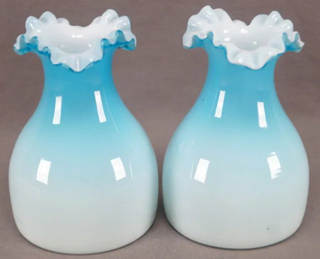 Pair of Victorian Blue & White Cased Glass Ruffled Rim Vases Circa 1890 - 1900