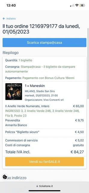 biglietto concerto Maneskin San Siro 25/07/2023