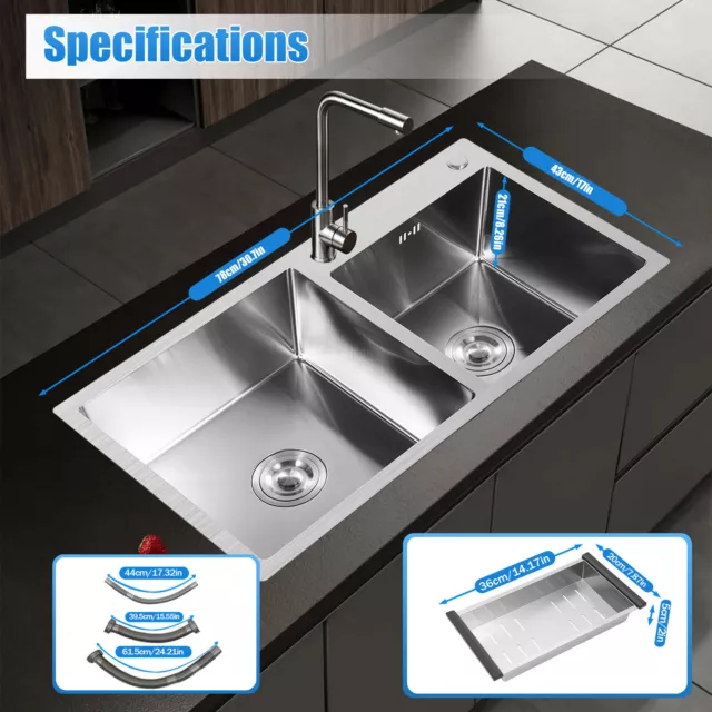 Evier doublé Inox Cuisine Finition Satiné Encastrable kitchen sink with Drainer