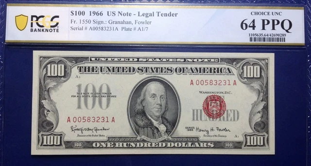 1966 $100 Legal Tender Note Fr-1550 PCGS64 PPQ Choice UNC