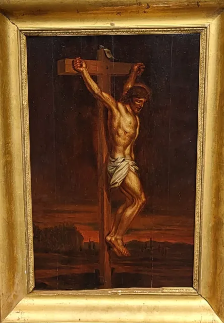 Tableau ancien signé  Le Christ sur la Croix Peinture huile sur panneau de bois