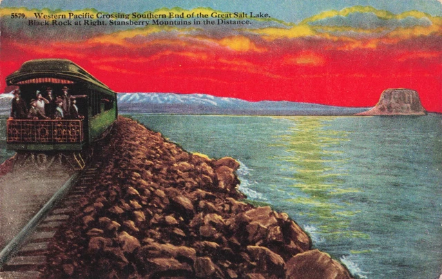 Western Pacific RR Crossing Southern End of Great Salt Lake Utah Vintage PC