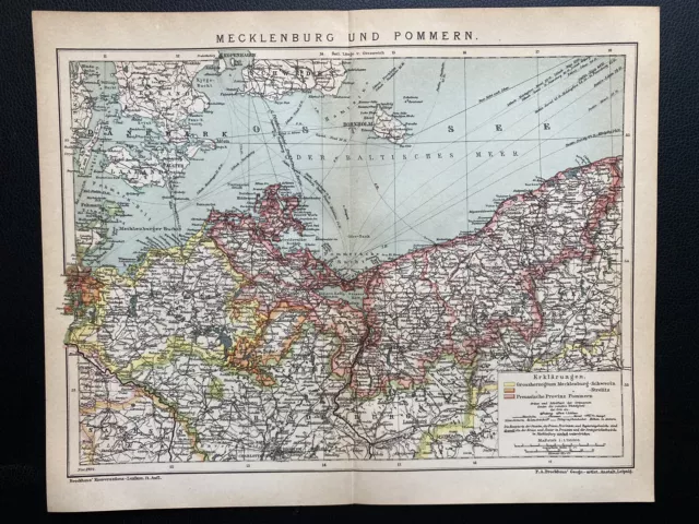 antike historische Landkarte: Mecklenburg und Pommern um 1904