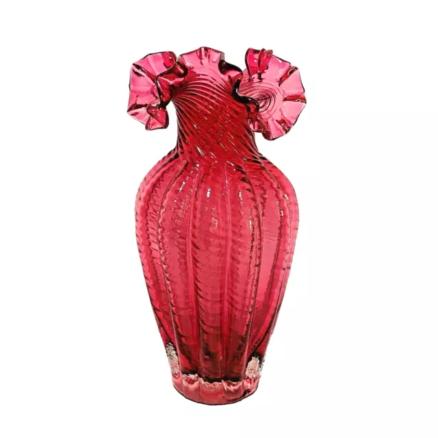 Vintage Fenton Pink Cranberry Art Glass Swirled Ribbed Ruffled Vase Collectible