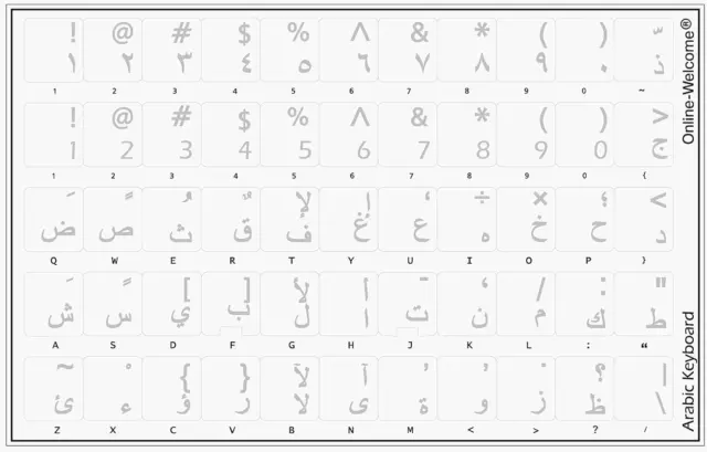 ARABIC KEYBOARD STICKERS TRANSPARENT BACKGROUND WHITE LETTERS for PC COMPUTER...