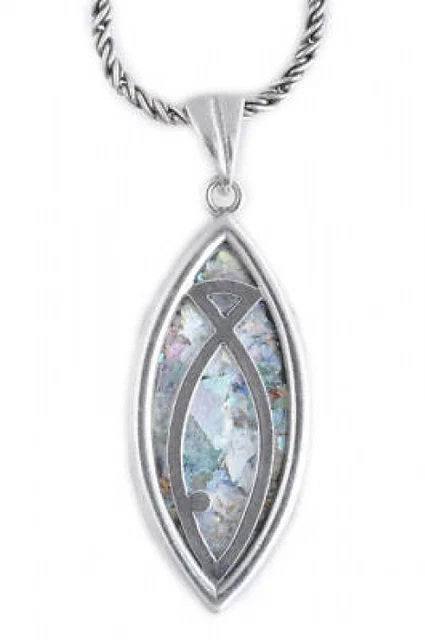 Beautiful 925 Sterling Silver Ancient Roman Glass Pendant Fish