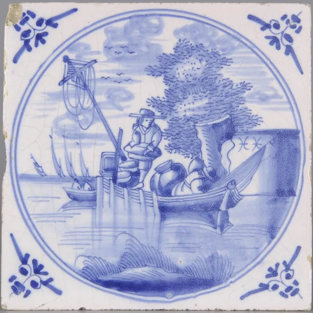 Nice Dutch Delft Blue fine painted tile, fisherman, 18th. century.