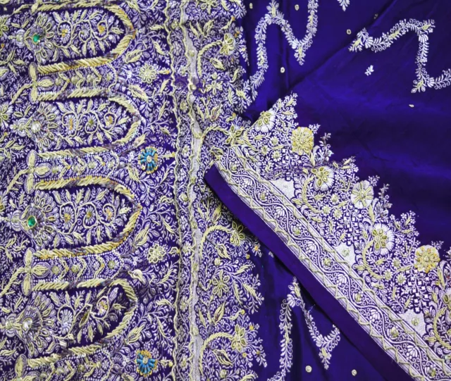Vintage Blue Heavy Saree Pure Satin Silk Hand Beaded Brocade Indian Sari 5yd 3