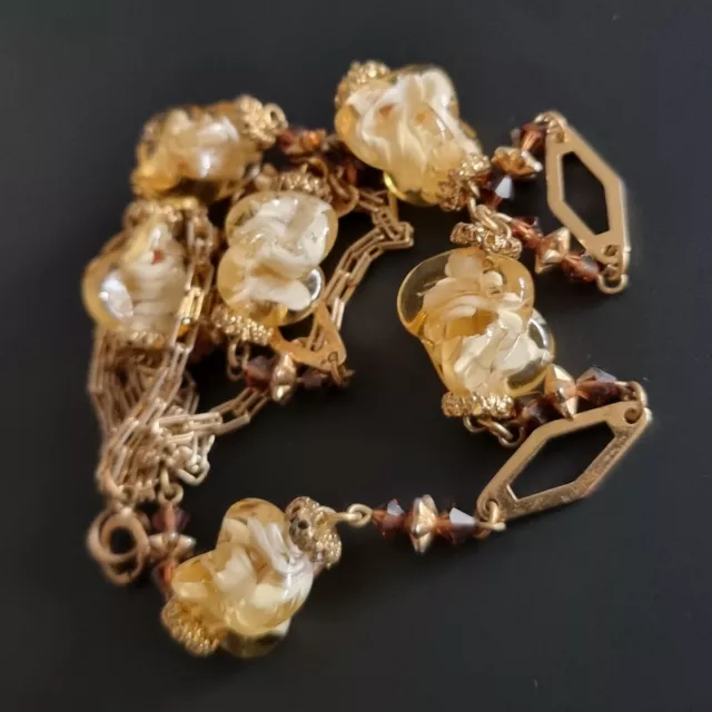 Collier Sautoir Rare Vintage Ancien en perles de verre et métal doré Necklace